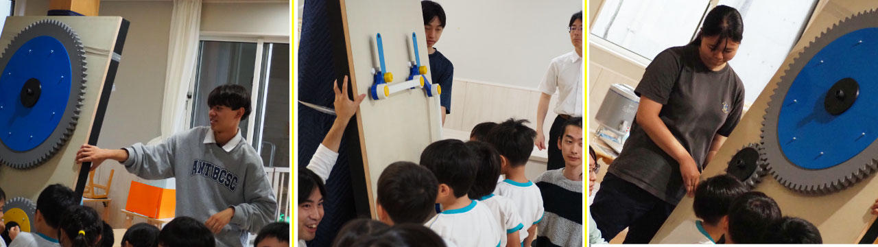 教室で園児たちを前に、学生が「何に似ている?」などと問いかけながら、目線を合わせてコミュニケーションを取っている様子。