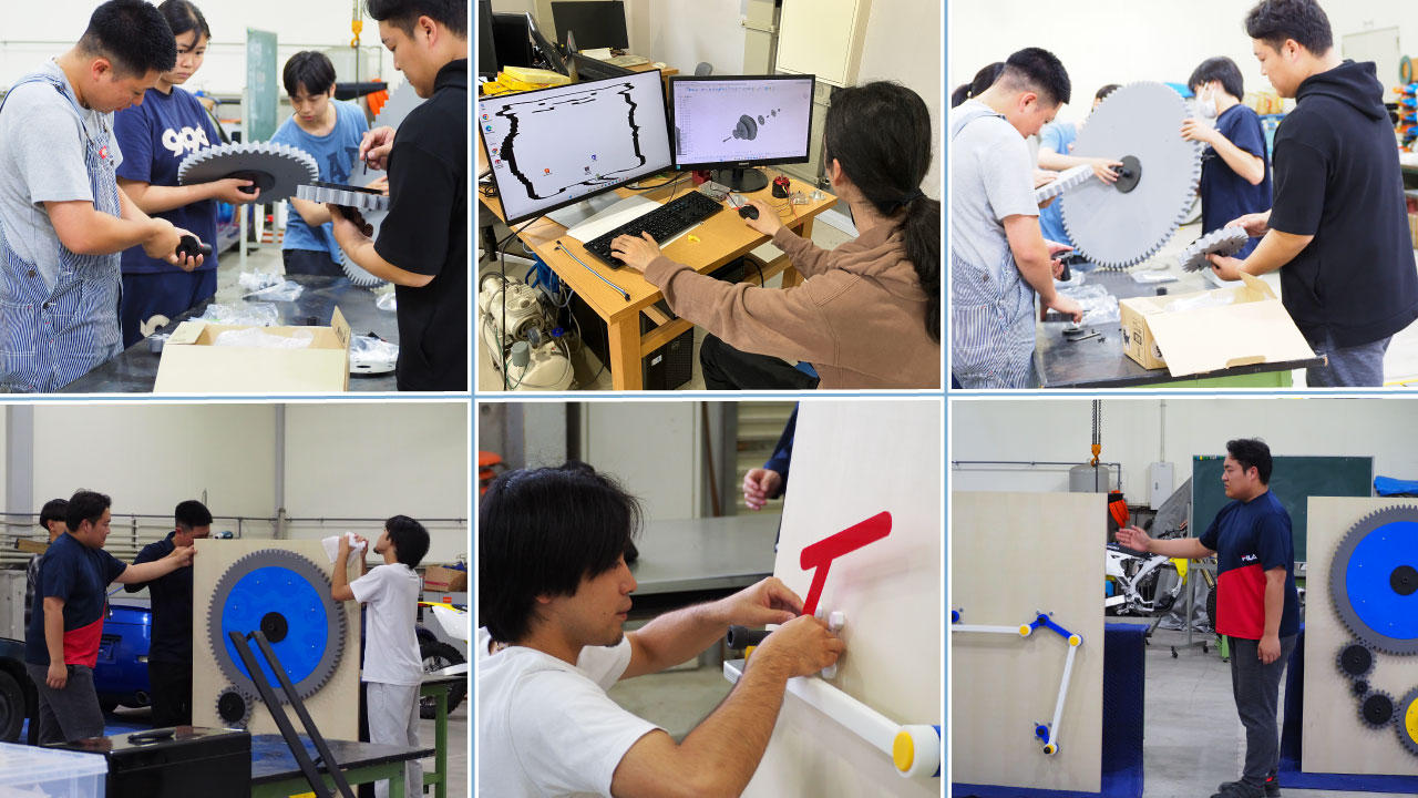 学科横断プロジェクト「ひまわり」のメンバーたちが、展示物の製作現場で真剣に作業やディスカッションを行っている様子。